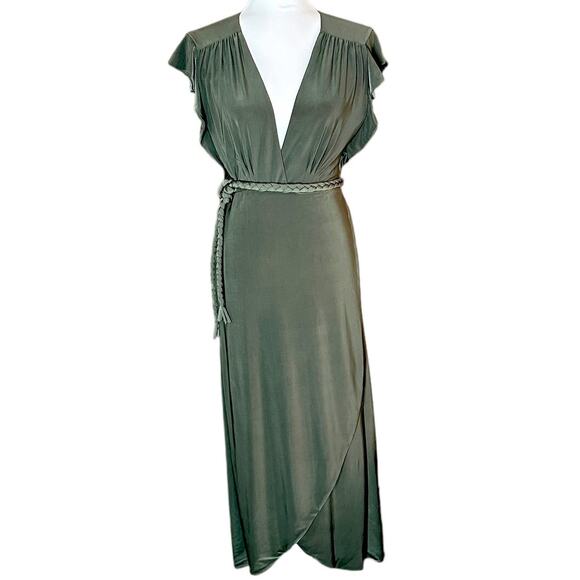 NEW MISA Los Angeles Dress Maxi Green Knit Braided Belt Wrap Belt V-Neck M - Picture 2 of 15